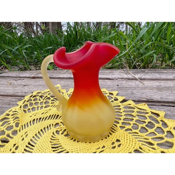 Vintage Satin Art Glass Amberina Ruffled Small Pitcher - Picture 7 of 9
